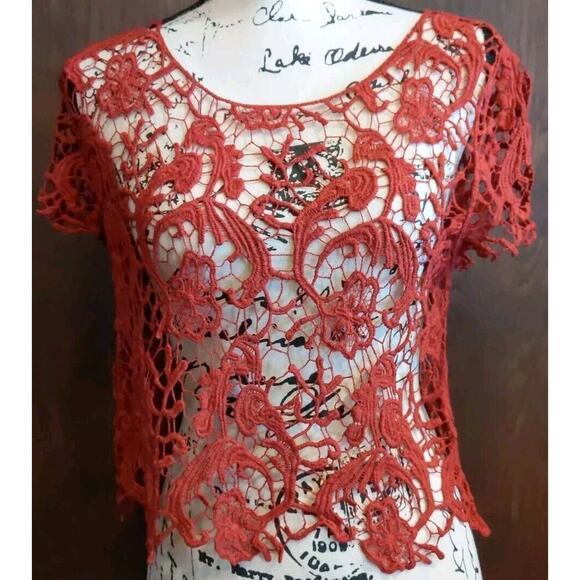 Whimsygoth Cropped Crochet Top Maroon witchy pullover short sleeve Womens Large - Picture 1 of 3